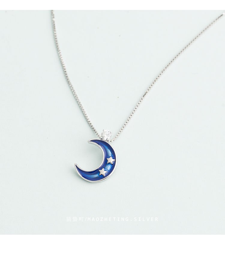 S925 Sterling Zilver Met Druipen Glazuur Blauwe Maan Voor Vrouwelijke Ketting Eenvoudige Wilde Student Sleutelbeen Keten Valentijnsdag