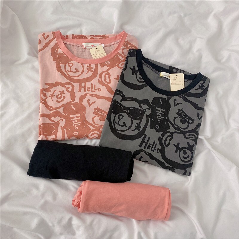 Summer Pajamas Women's Cotton Short-sleeved Sleepwear Lovers Bear Round Neck Cute Men And Women Homewear Thin Cotton Suit