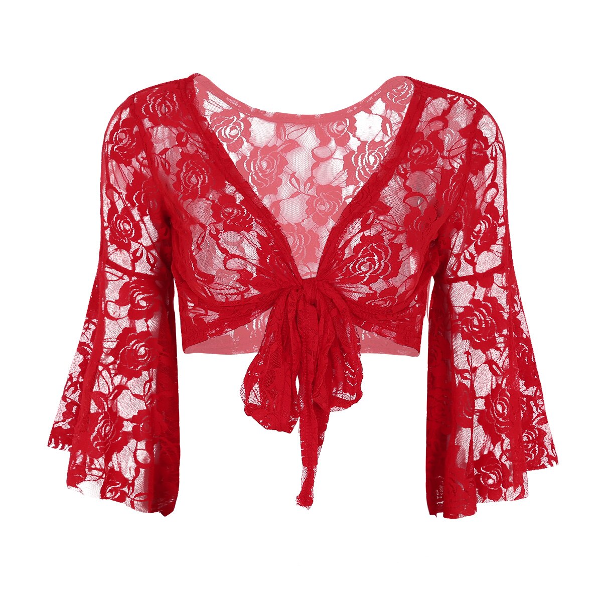 Haut moulant transparent en dentelle pour femmes, Sexy, haut en maille, manches longues évasées, chemise de danse du ventre, réservoirs, cravate avant, Cardigan, enveloppe les épaules, Clubwear: Red
