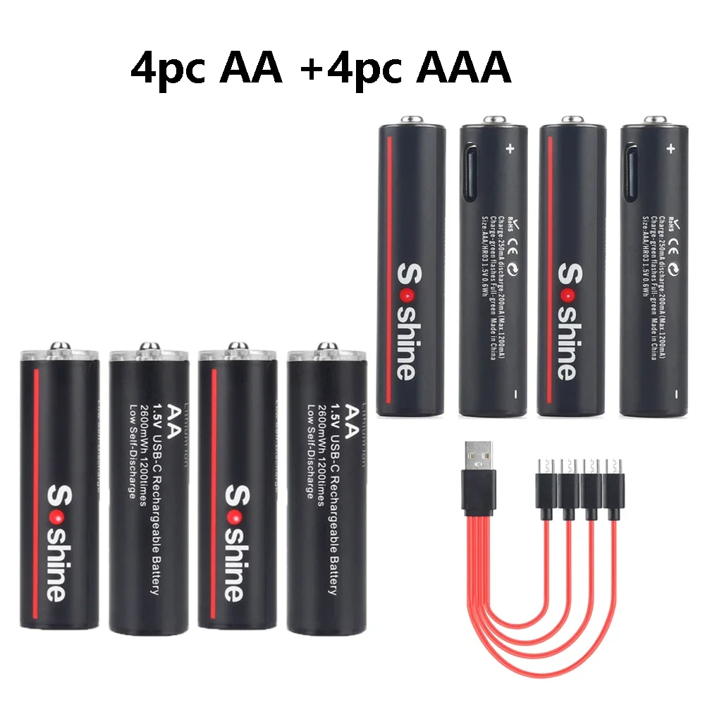 Soshine USB Lithium-Ionen 600 mWh 1,5 V AAA-Akkus + 2600 mWh 1,5 V AA-Akku Li-Ionen AA- und AAA-Akkus: Black