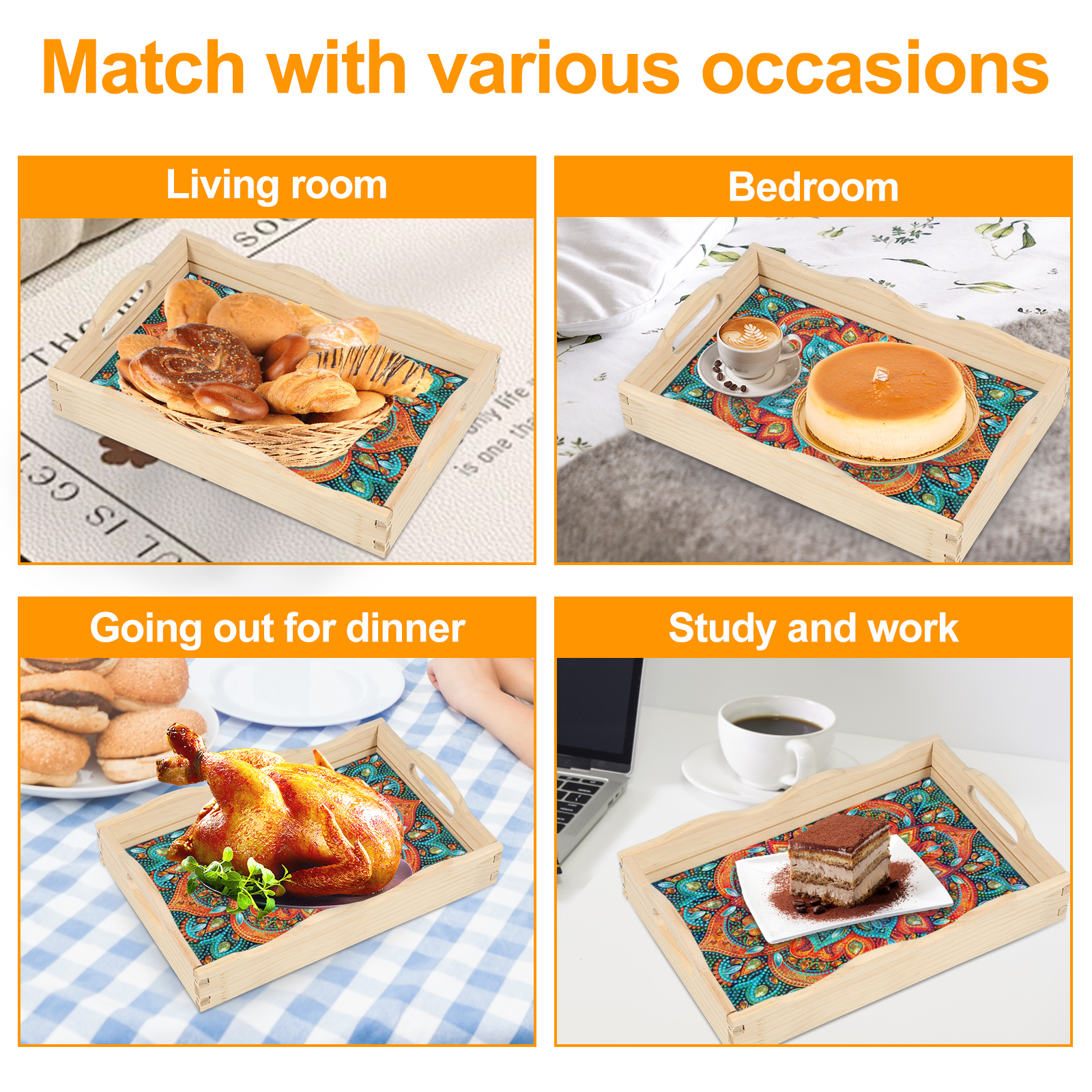 kit vassoio da portata con diamanti fai da te vassoio per alimenti con diamanti fai da te vassoio da portata in legno con diamanti in stile fiore colorato con manici per il cibo