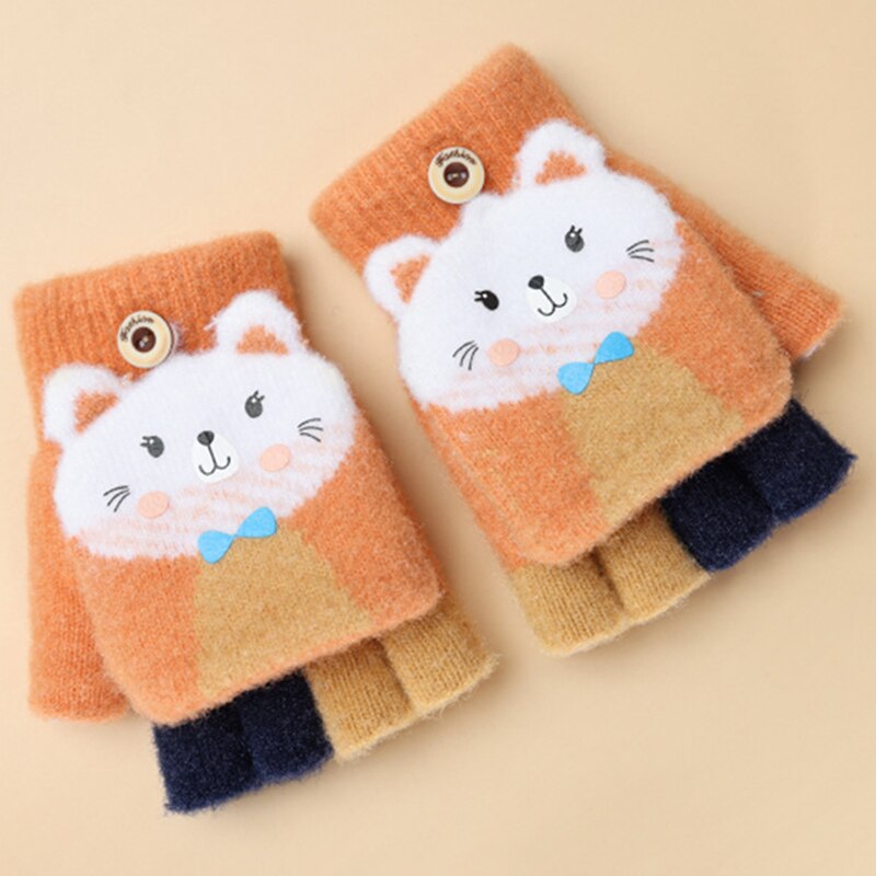 Kids Winter Warm Thicken Handschoenen Meisjes Zachte Half Vinger Cover Dier Vingerloze Handschoenen Outdoor Warme Wanten Handschoenen Voor Kids 5-12Y: cat orange