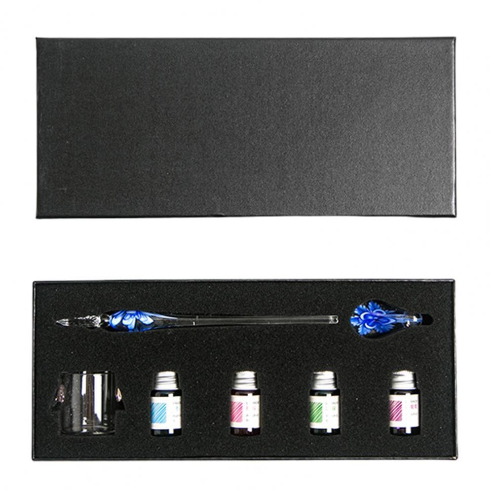 1 Set Glass Dip Pen with Ink Floral Glossy Fountain Pen Kit Smooth Writing Threaded Nib Crystal Ink Pen Set перо для письма 글라스펜: 7 Royal Blue