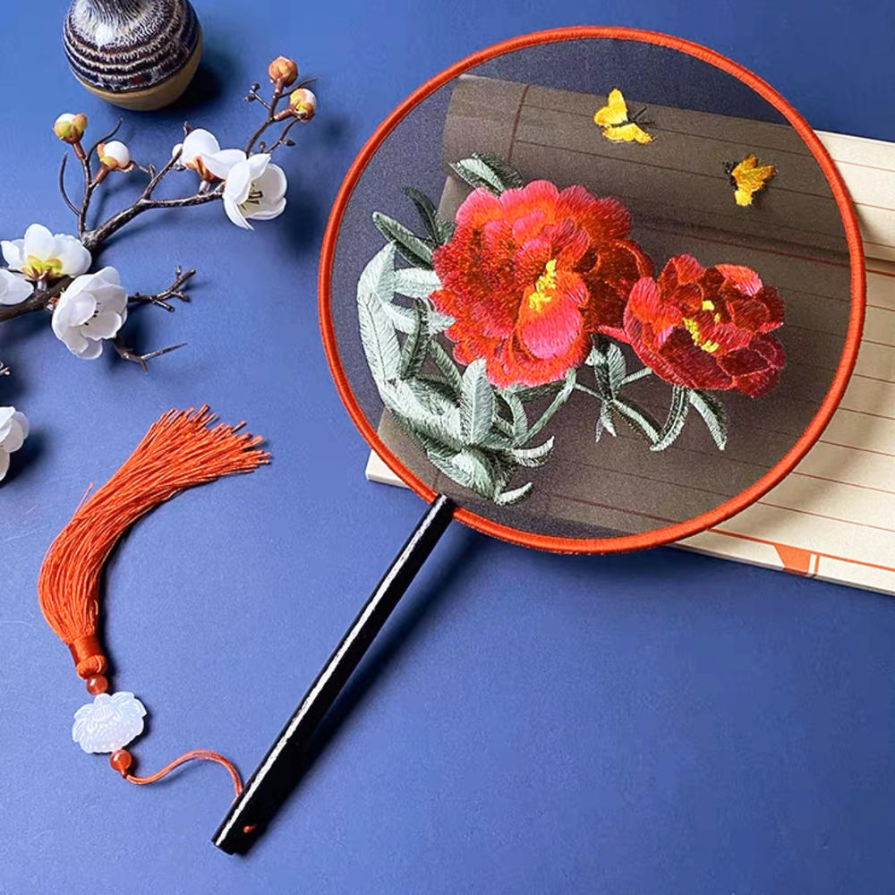 Red Flower Silk Fan Double Sided Embroidery Round Fan Chinese Palace Hanfu Hand Fan Craft Wedding For Guests Home Decor: DEEP BLUE