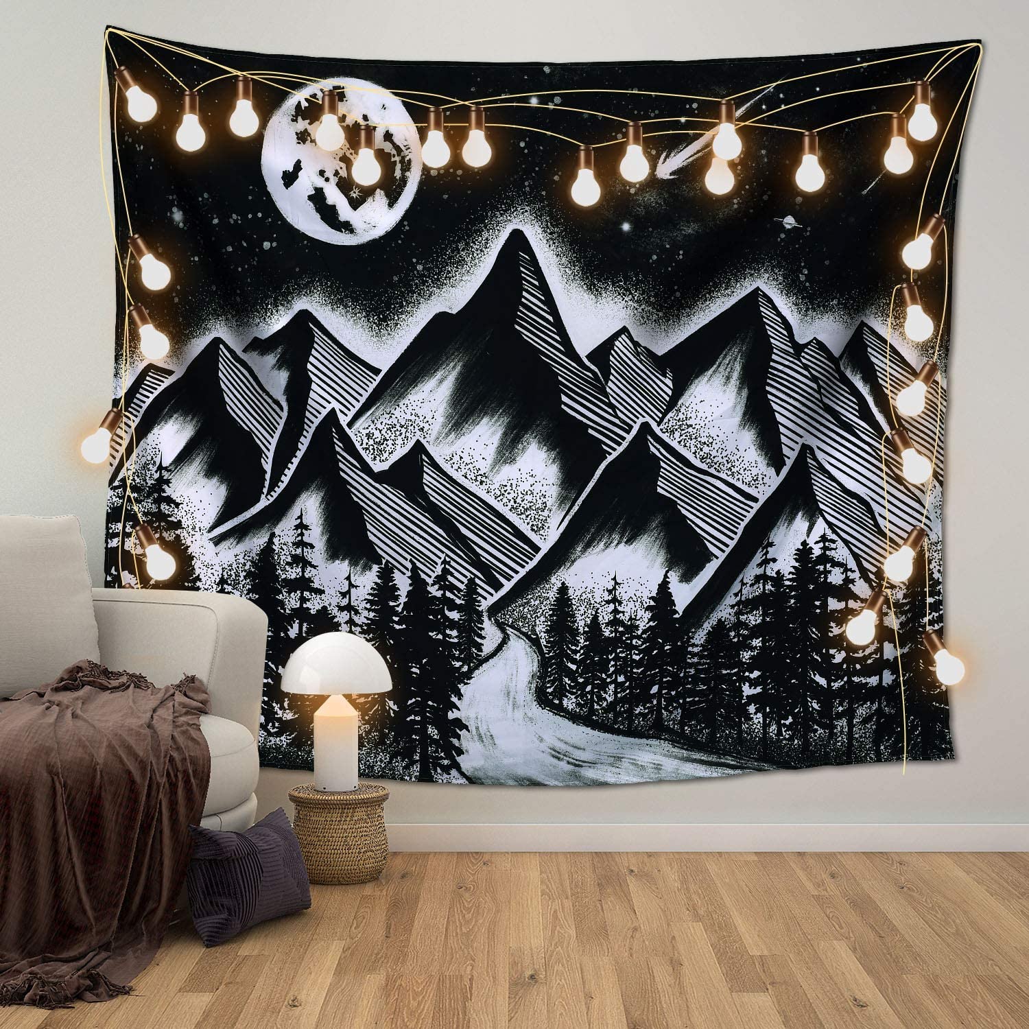 Czarny biały księżyc gwiazdy ściany wiszące Góra psychodeliczny konstelacji astrologia ozdoba ściany hipis Boho dla sypialnia salon: 230X150CM