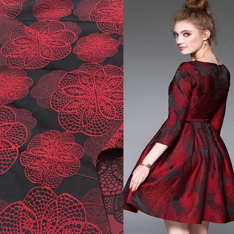 Brocado rojo africano, brocado de Jacquard de Damasco para vestido, pañuelo de boda Diy, Material de costura para abrigo, tela de mosaico, ancho: 145cm