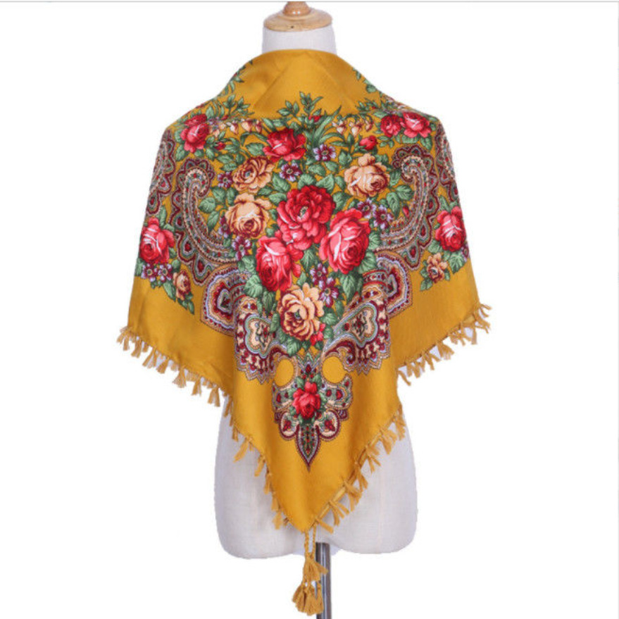 90*90CM Women Russian Style Peony Floral Printed Long Tassel Large Square Scarf Warm Wrap Traditional Ethnic Mexican Shawl: Red