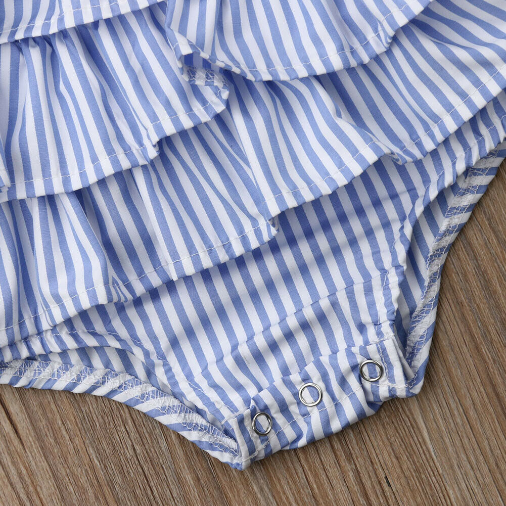 Children Summer Clothing One Piece Infant Kids Baby Girls Boys Striped Bodysuits Sleeveless Blue Bowknot Ruffled Jumpsuits