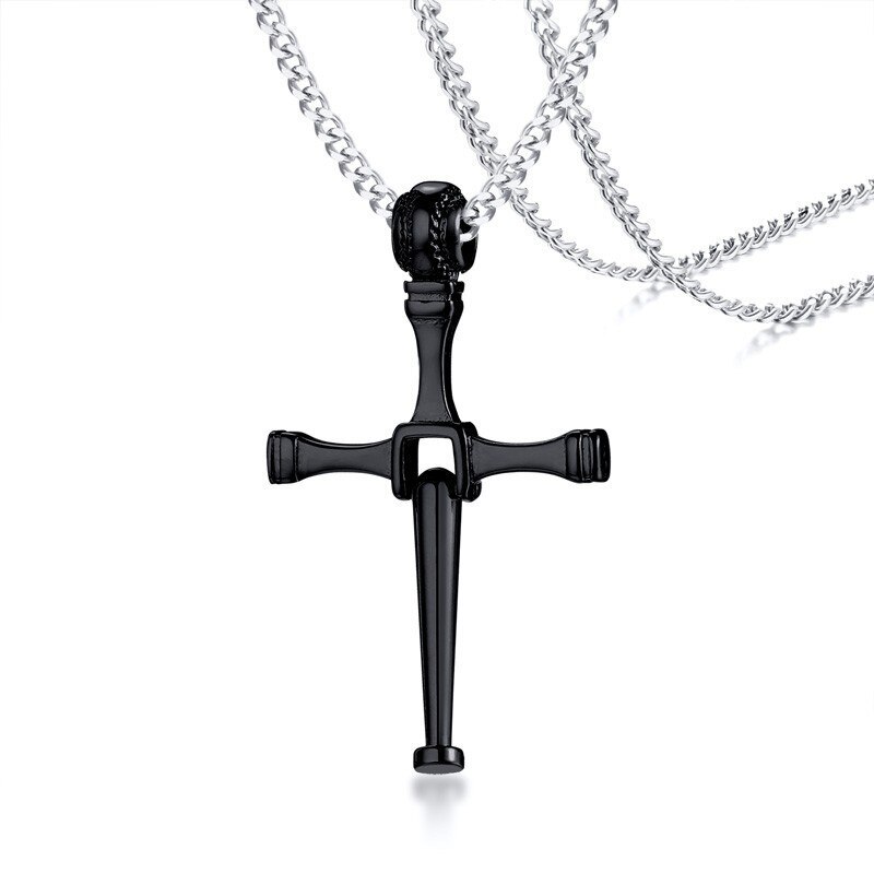 Herr choker halsband hitter basebollträ kors hänge i guld svart silver färg rostfritt stål punk krage hane: Svart / Kedjelängd 28 tum