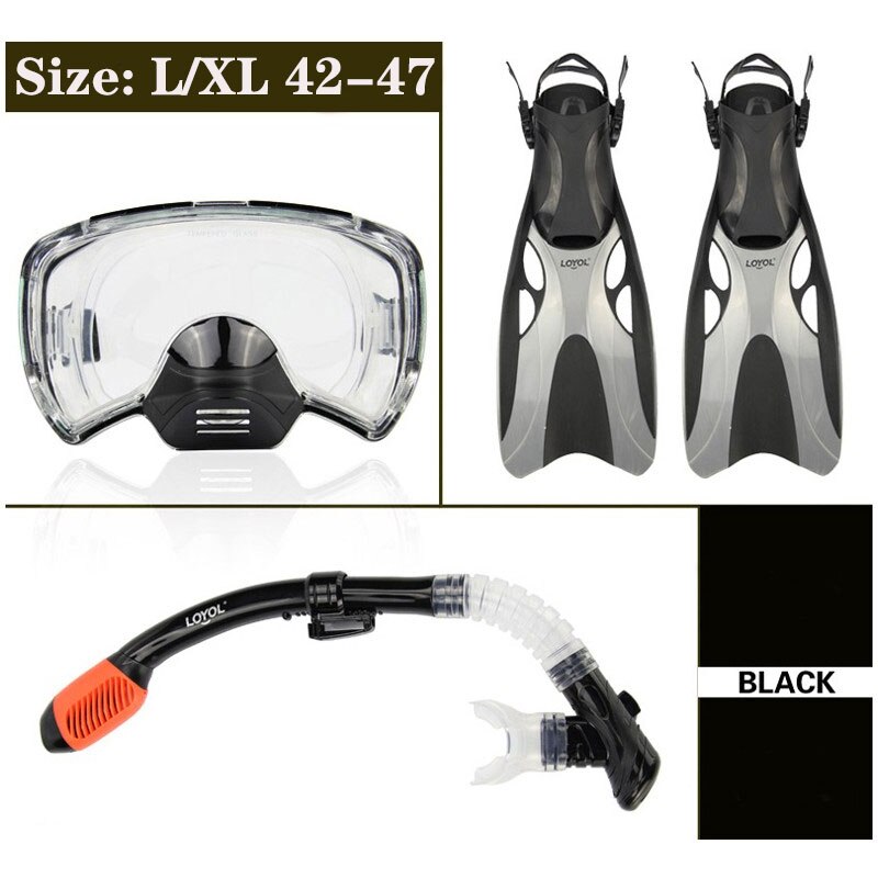 Diving Mask Diving Fins Snorkeling Tube Set Men Women Shoes Swim Glasses Adult Long Flippers Sports Equipment: Black Size 42-47