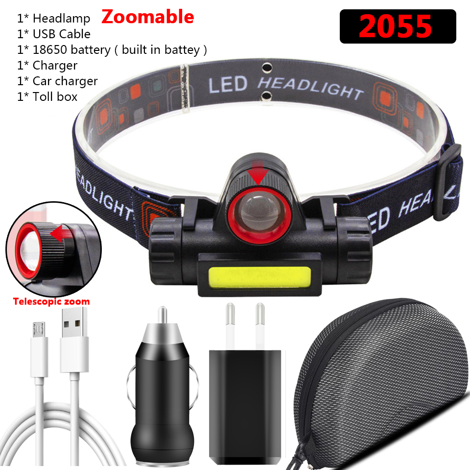 Zoomable Ingebouwde Batterij Camping Krachtige Led Koplamp Cob Usb Oplaadbare Koplamp Waterdichte Hoofdlamp Head Lamp Lantaarn: Package I