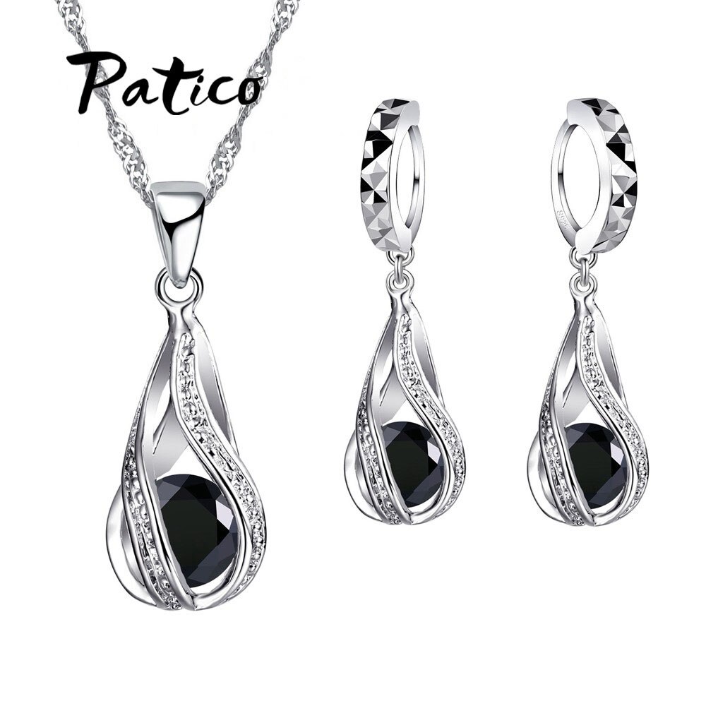 S925 Sterling Zilveren Sieraden Sets Voor Bruiloft Engagement Aaaa + Cz Zirconia Hanger Loops Hoepel Oorbellen Ketting Set: Black