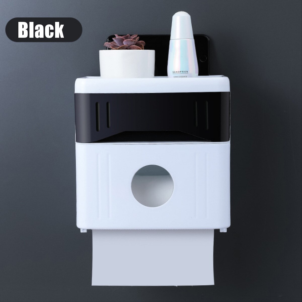 Dubbele Laag Plastic Toiletrolhouder Badkamer Papieren Tissue Doos Pers-Open Wandmontage Plank Opbergdoos Wc Dispenser: Black