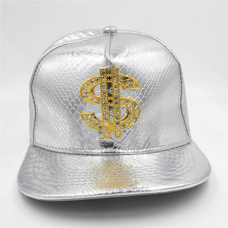 Doitbest Metalen Gouden Dollar Stijl Heren Baseball Cap Hip-Hop Cap Lederen Verstelbare Snapback Hoeden Voor Mannen En vrouwen: Zilver