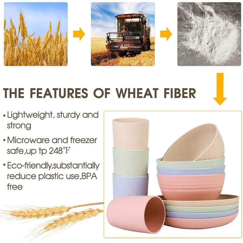 12pcs Wheat Straw Dinnerware Sets Bowl+Plate+Cup Tableware BPA Free Kids Dishes Baby Eating Dinnerware Set Unbreakable Bowls