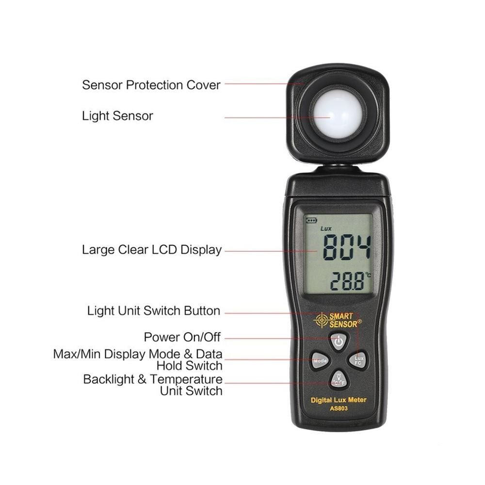 Digital luxmeter AS803 Lux Meter Light Meter illuminometer Luminance tester Mini spectrometer 1~200.000 Lux/Fc Max/Min Data hold