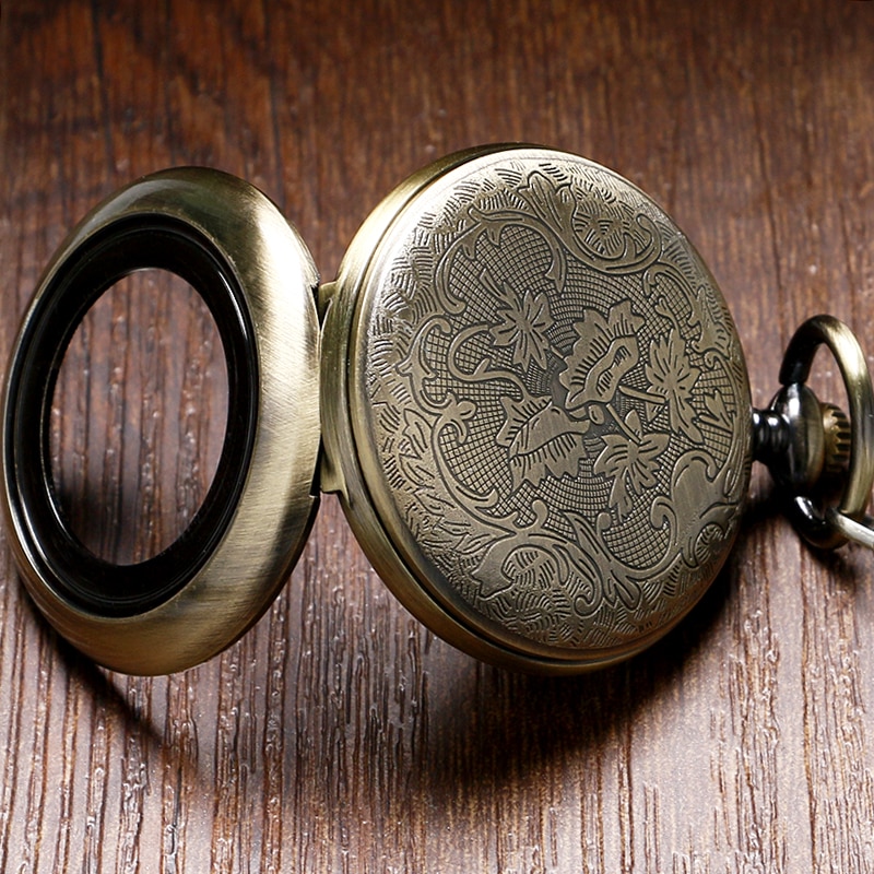 Half Hunter Bronze Quartz Pocket Watch Unique Small Second Dial Vintage Pocket Pendant Clock with Chain Reloj de bolsillo