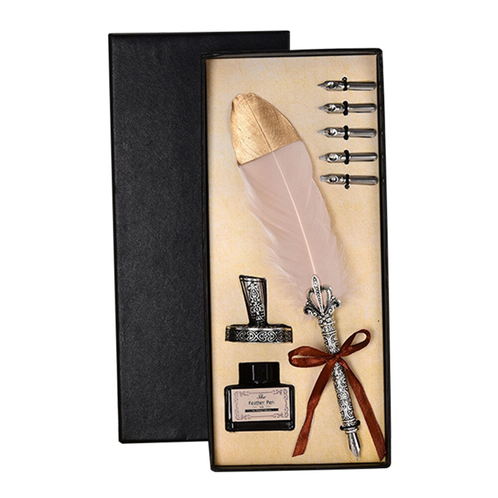 Vintage Calligraphy Feather Dip Pen Pen Handle 2/5 Nib Writing Ink Set Quill Fountain Pen Writing Set Birthday