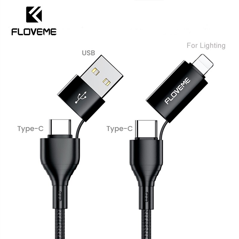 FLOVEME – câble USB 3A type-c 4 en 1 pour recharge rapide et éclairage, compatible avec iphone 13/12/11 Pro et Samsung