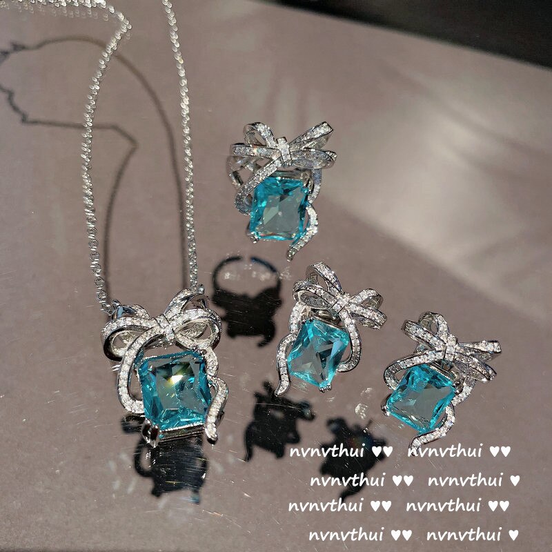 brillant Meer Blau CZ Stein Schmuck einstellen Damen Silber Farbe Bowknot Hochzeit Engagement Braut Partei Schmuck