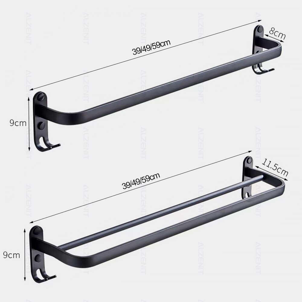Handdoek Bar 40-60Cm Dubbele Stang Rail Rack Met Haak Wall Mount Holder Badkamer Accessoires Matte Zwarte Douche hanger Aluminium Plank