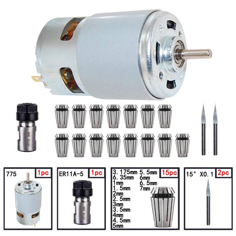 1Pc 775 Dc Motor 12-36V Kogellager Spindel Motor ER11 5Mm Verlengstuk Vleesmes cnc ER11 Spring Collet Chuck Motor Set: 9