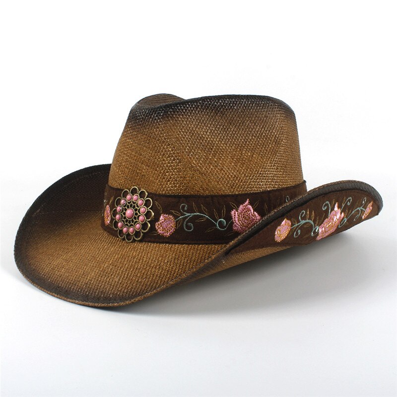 Kvinder western cowboy hat til sommer dame cowgirl sombrero hombre kasketter med håndarbejde broderi hatte størrelse 57-58cm: Default Title