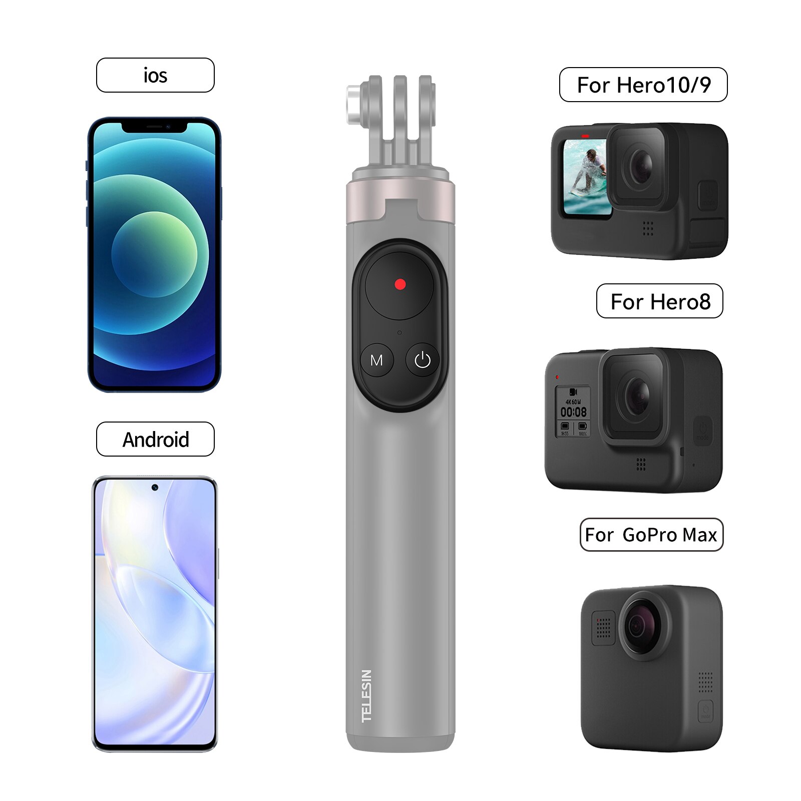 Telesin til gopro helt 10 9 8 max fjernkontroll trådløs bluetooth selfie pinne monopod stativ til iphone 13 pro huawei xiaomi
