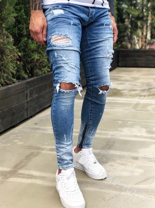 Wepbel lynlås stramme denimbukser plus størrelse huller jeans mænd capri-bukser benåbning midt talje pencil denimbukser