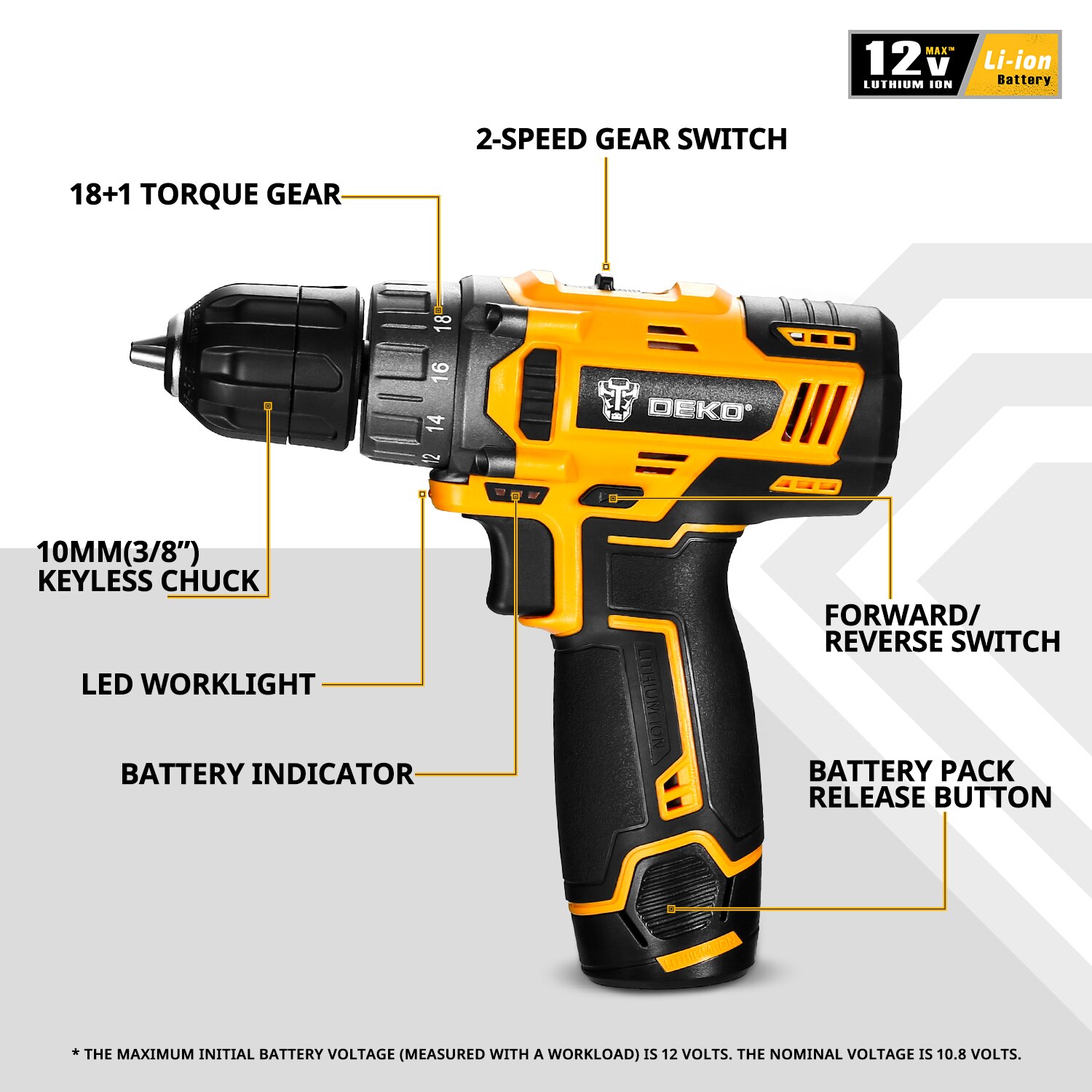 DEKO-taladro con batería de iones de litio, 12V, 1.5AH, DKCD12XL01, 18 + 1 ajustes,