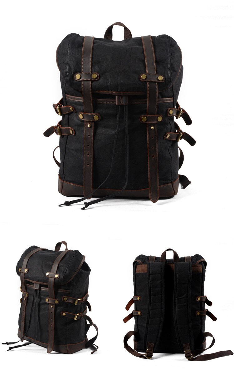 Free Shipping,Brand classic canvas backpack,vintage schoolbag.travel bag,laptop backpack.leather bag.sales.waterproof: Black