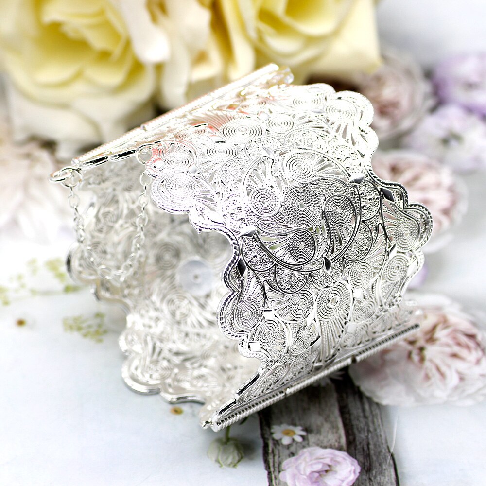 Sunspicems-brazalete con borde ondulado para mujer, brazalete grande con flor hueca, Color dorado, joyería marroquí para boda: silver