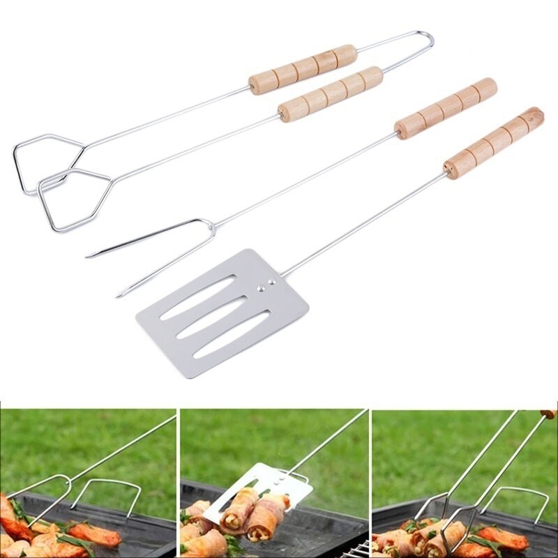 3 stk grillværktøjssæt spatelgaffeltang med lange håndtag greb grillværktøj