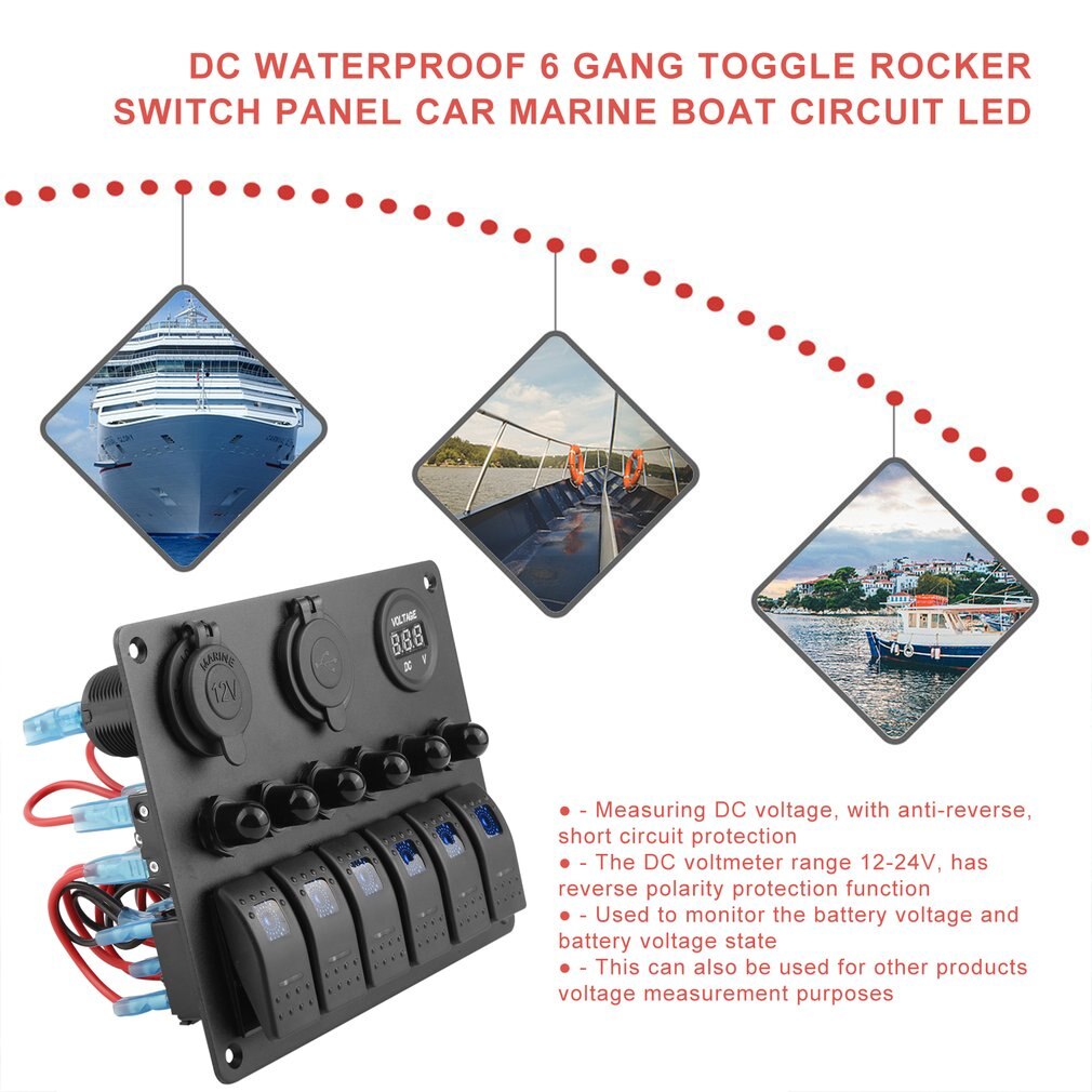 DC Flat Waterproof 6 Gang Toggle Rocker Switch Panel Car Marine Boat Circuit LED Breaker Voltmeter Aluminum Panel
