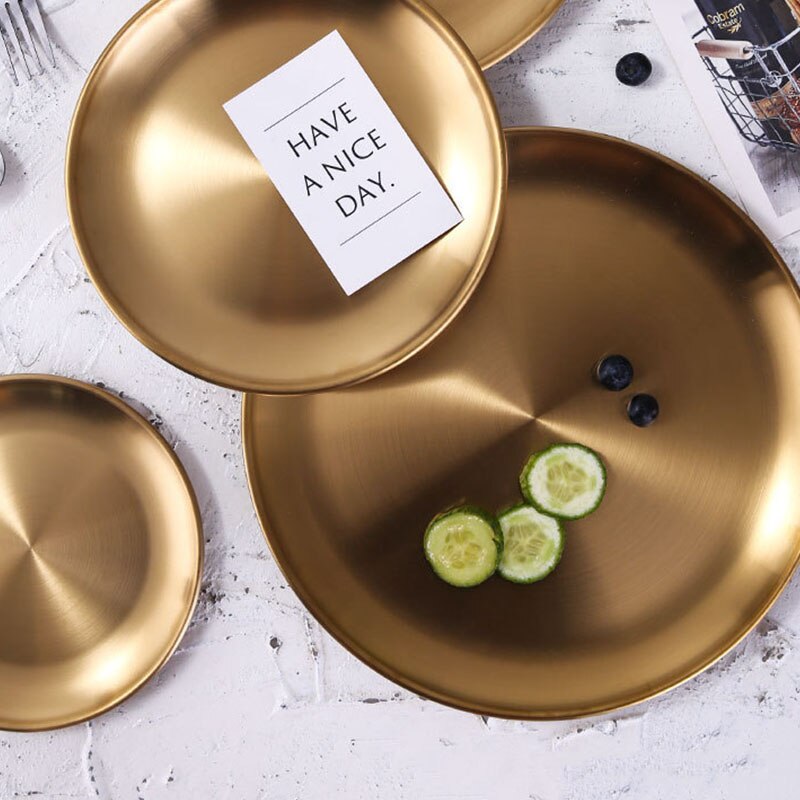1Pcs European Style Dinner Plates Gold Dining Plate Serving Dishes Round Plate Cake Tray Western Steak Round Tray Kitchen