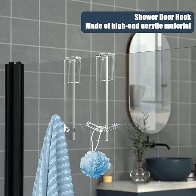 No-Drill Shower Door Hooks, Crystal Clear Over-Glass Bathroom Organizer for Towels/Robes/Shower Accessories Rust-Proof Hook Rack