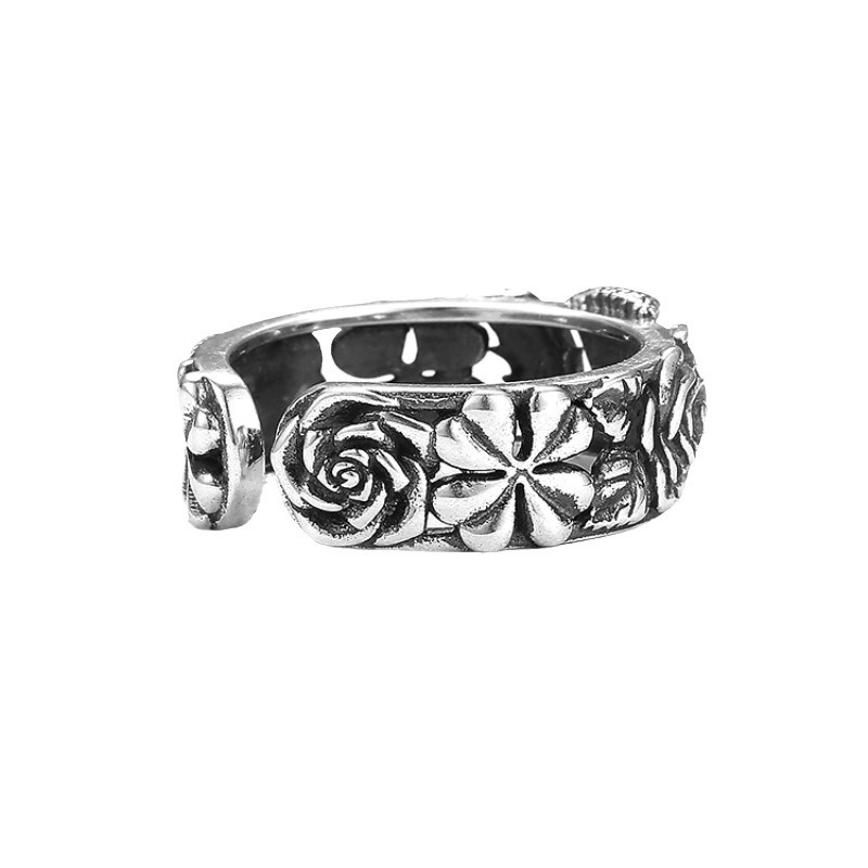 Anello di apertura vintage con quadrifoglio a quattro foglie rosa Accessori per dita maschili Anello retrò Gioielli in argento 925 MenRing Open Szie