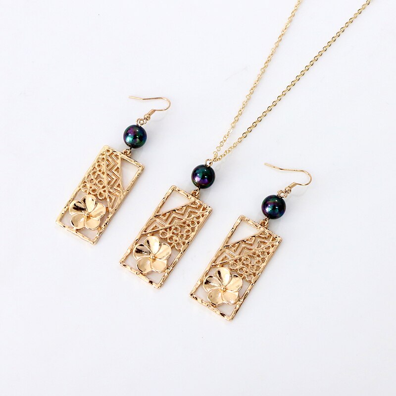 KOMi Polynesian Hawaiian Samoa Marshall Style Glass Bead Pearl Hollow Cross Heart Flower Charm Necklace Earrings Jewelry Set: GJZ386