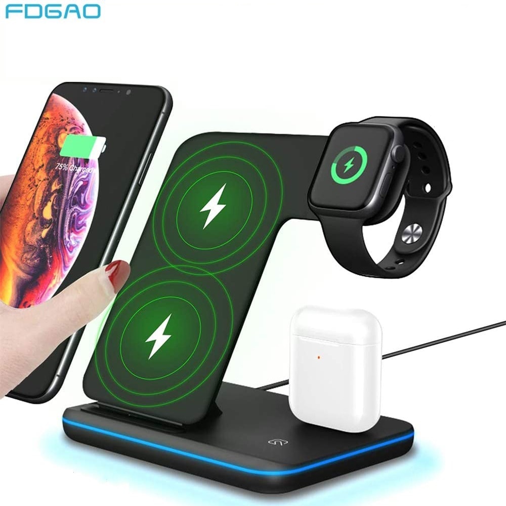 Fdgao 3 em 1 15 w qi rápido carregador sem fio estação doca para iphone 11 pro xr xs max x para apple assista 5 4 3 2 1 airpods pro