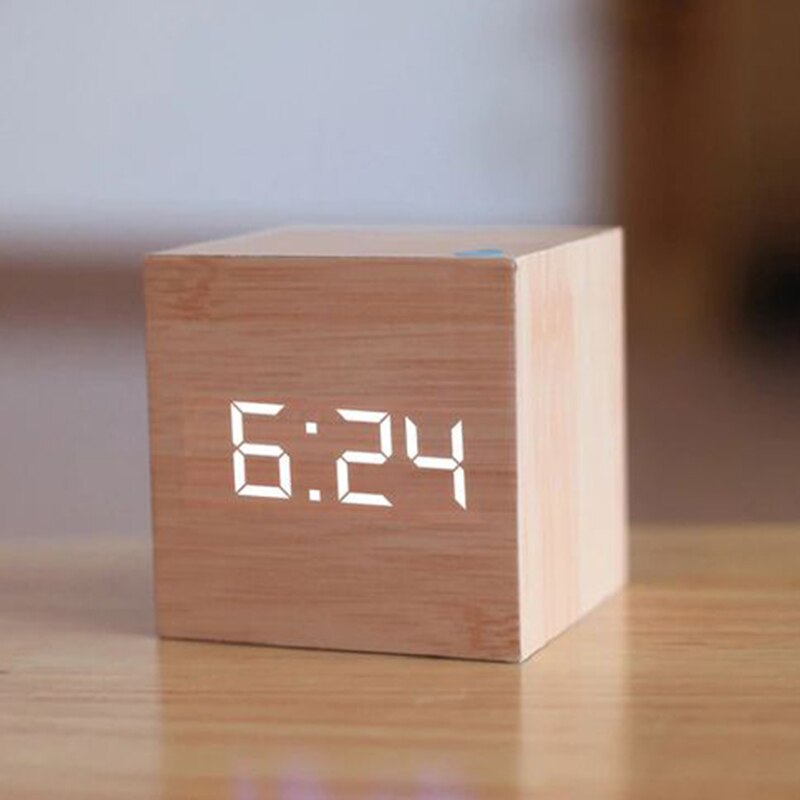 1PC Modern Wooden Cube USB Voice Digital Alarm Clock Digital Alarm LED Display Despertador Luminous Control Clock: 9