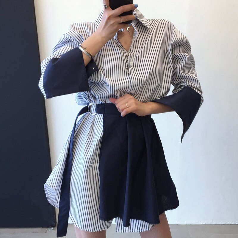 Superaen koreaanse stijl turn-down kraag enkelrijs losse contrasterende kleur volle blouse gestreepte jurken dames