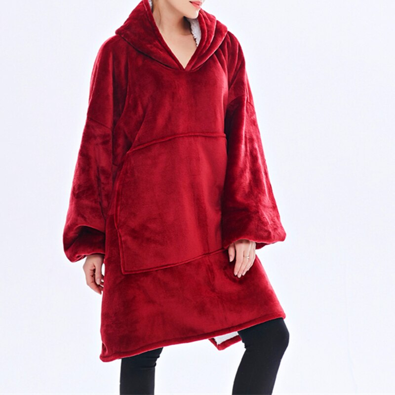 Gruesa Bata Manta Polar Unisex con Capucha para Adultos y Niños, Cálida Sudadera Albornoz con Bolsillo Gigante, Mantas Compensadas para Viajar, el Hogar y Camas: Red