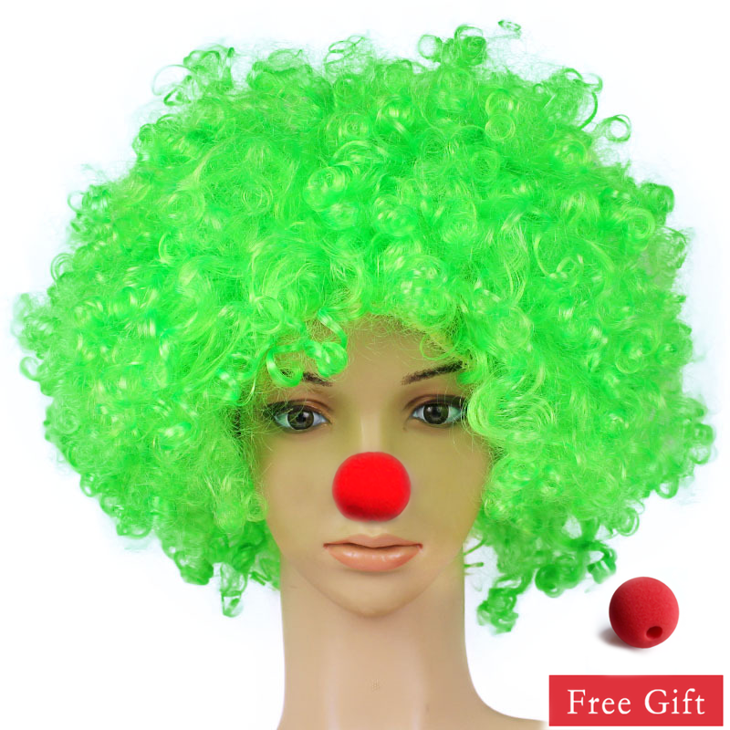 Kleurrijke Clown Pruik Afro Krullend Synthetische Pruik Cosplay voor Mannen Vrouwen Mardi Gras Party Pruik Rood Groen Geel Blauw Pruik Clown Neus