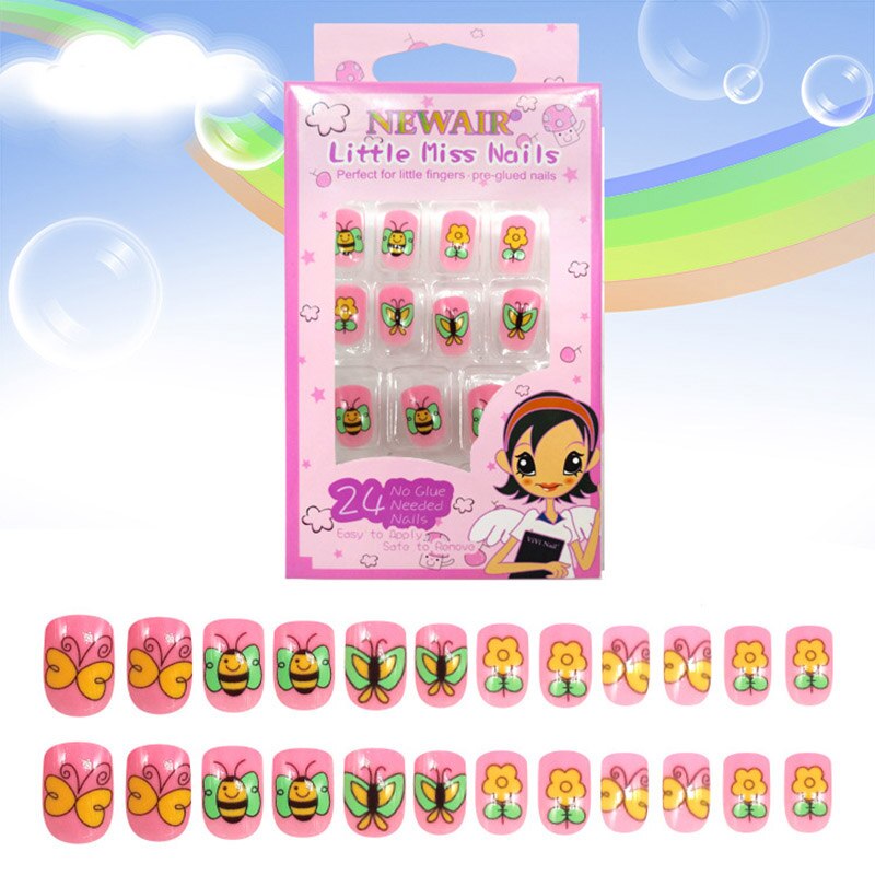 Boîte de faux-ongles courts à pression pour enfants, couverture complète, style différent avec un motif, 24 pièces/boîte, avec colle: style5