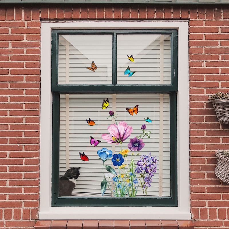 Calcomanías de vinilo anticolisión para ventana, calcomanías florales de pájaros, pegatinas de vidrio de mariposa, decoración del hogar, sala de estar, sin pegamento