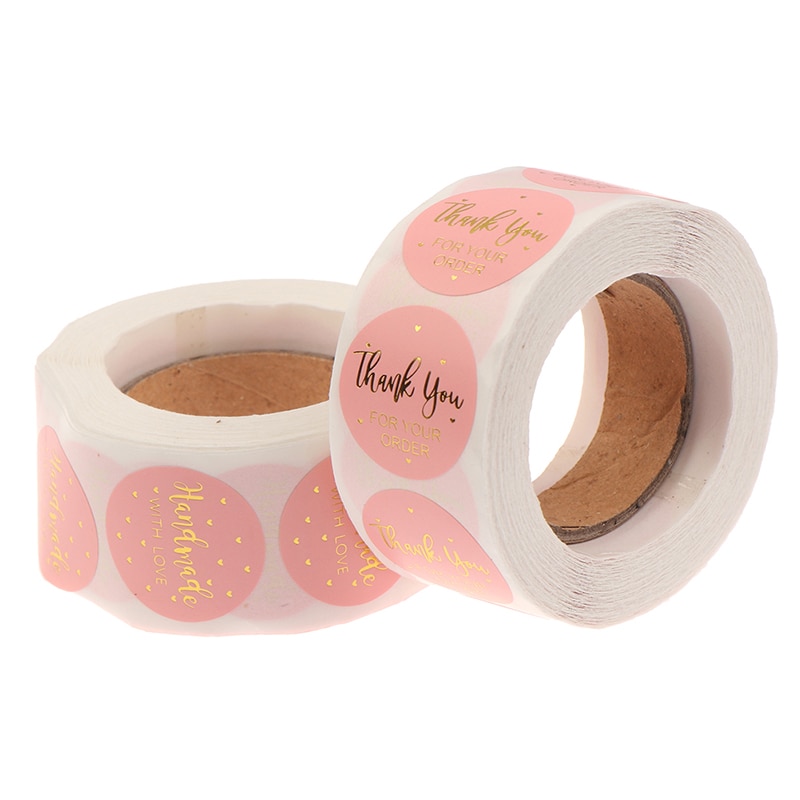 500 Uds = 1 rollo de pegatinas de etiqueta rosa papel bonito círculo etiquetas de sello gracias por su orden y pegatinas hechas a mano de 1 pulgada