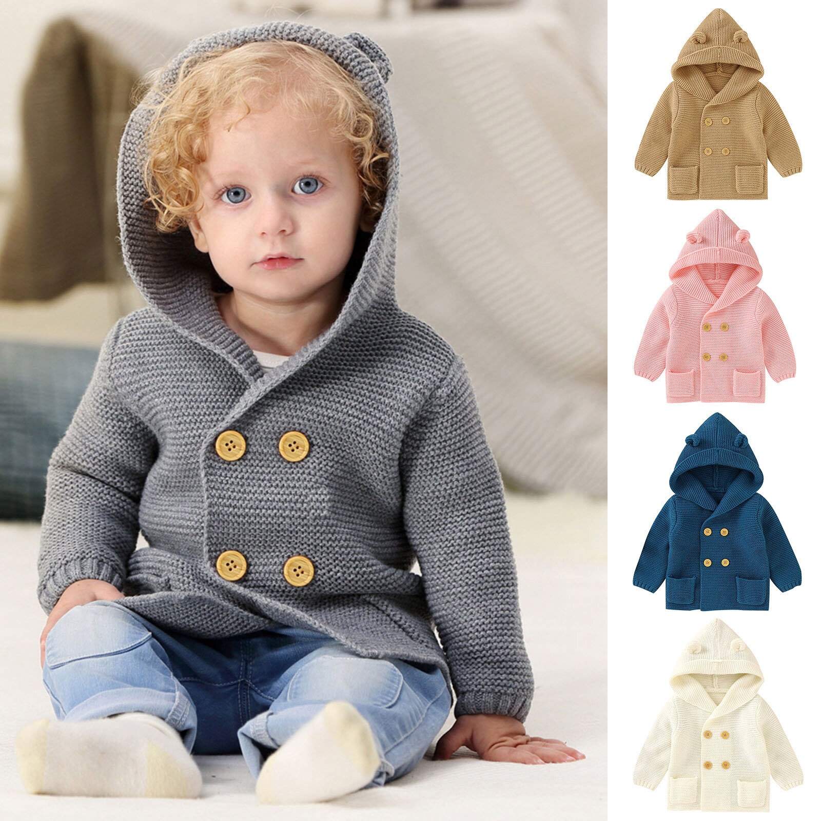 Kids Knitted Cardigan Autumn Children Hooded Sweater Boys Warm Clothing Baby Sweaters Infant Girl Single-breasted Jacket#G30