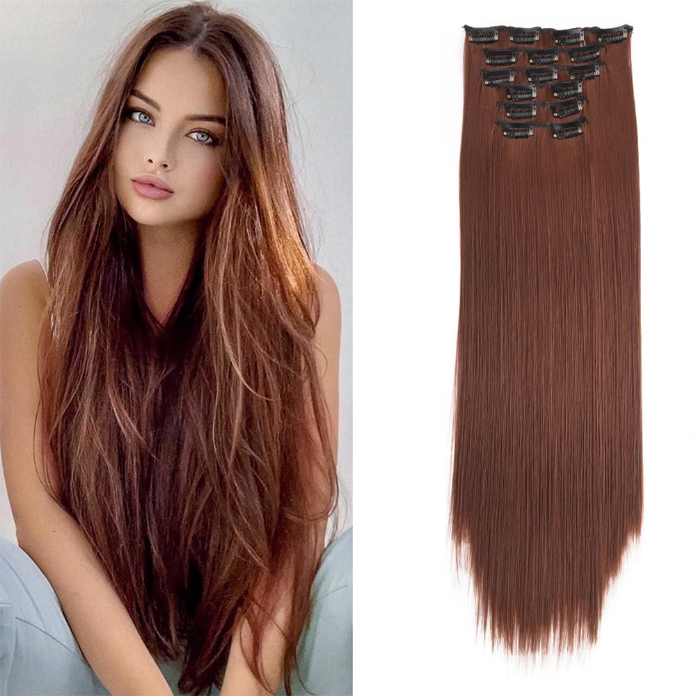 Grampo em extensões de cabelo sintético 24 Polegada longo invisível natural em linha reta 6 pçs grosso sem costura clipe em extensões de cabelo para mulher