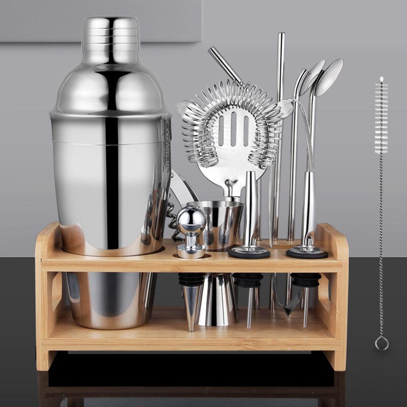 750Ml Rvs Barman Bar Boston Shaker Cocktail Mixer Martini Cocktail Shaker Wijn Cup Set Met Houten Rek Bar gereedschap