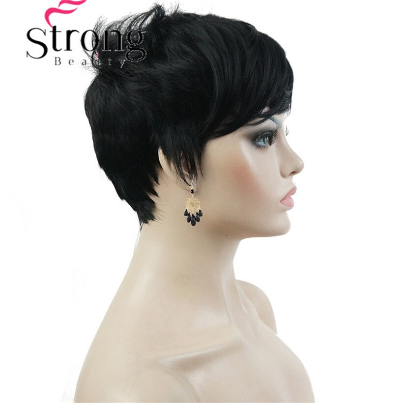 Peluca corta StrongBeauty, pelucas totalmente sintéticas asimétricas de explosión lateral, opciones de color negro y rojo: 2 Natural Black